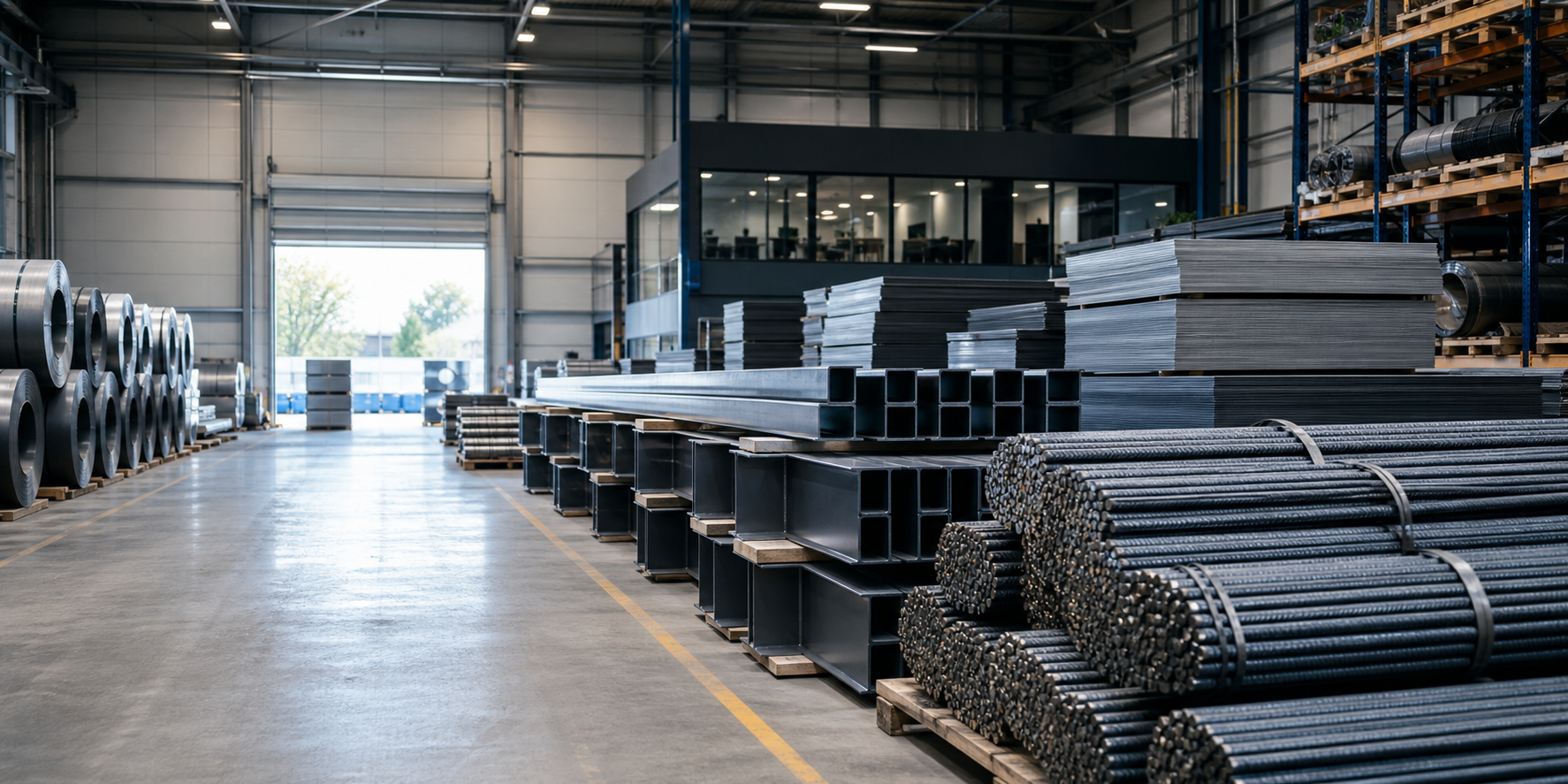 Sortierte Stahltraeger, Metallcoils und Betonstahl in einer professionellen Industriehalle